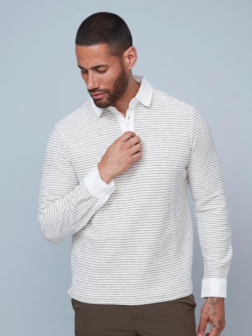 HEDGE Dusty Cream with Black Striped Knit Polo/31127